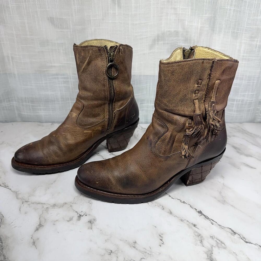 Justin Tan Rustico Ankle Boots Women 6.5B Boho Western Tassel Block Heel